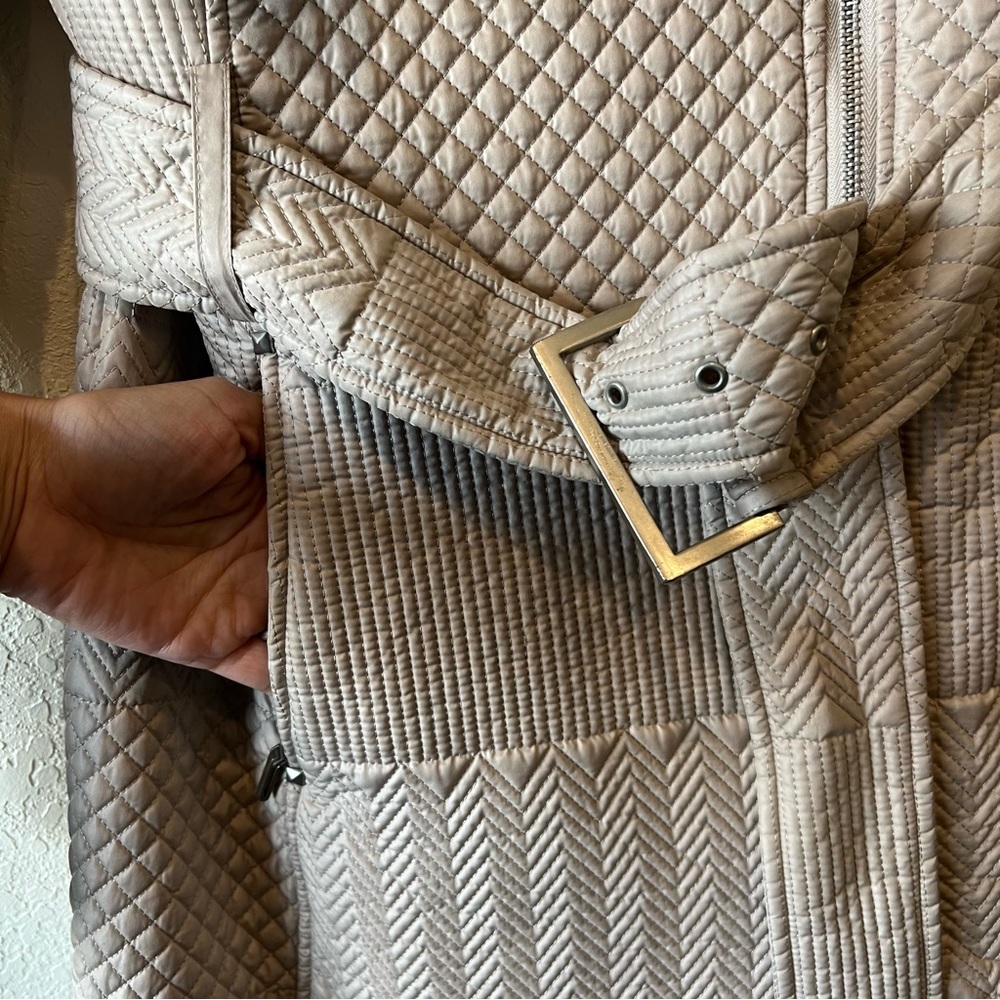 Kenneth Cole Quilted mixed pattern asymmetrical front zip trench coat with belt - Picture 5 of 10